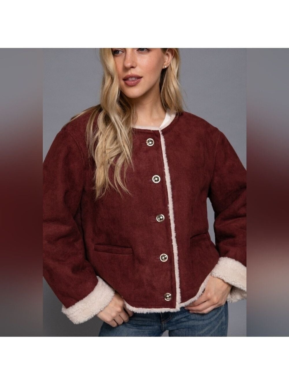 NWT Sherpa Lined Maroon Cropped Sueded Jacket Sizes Small -Large